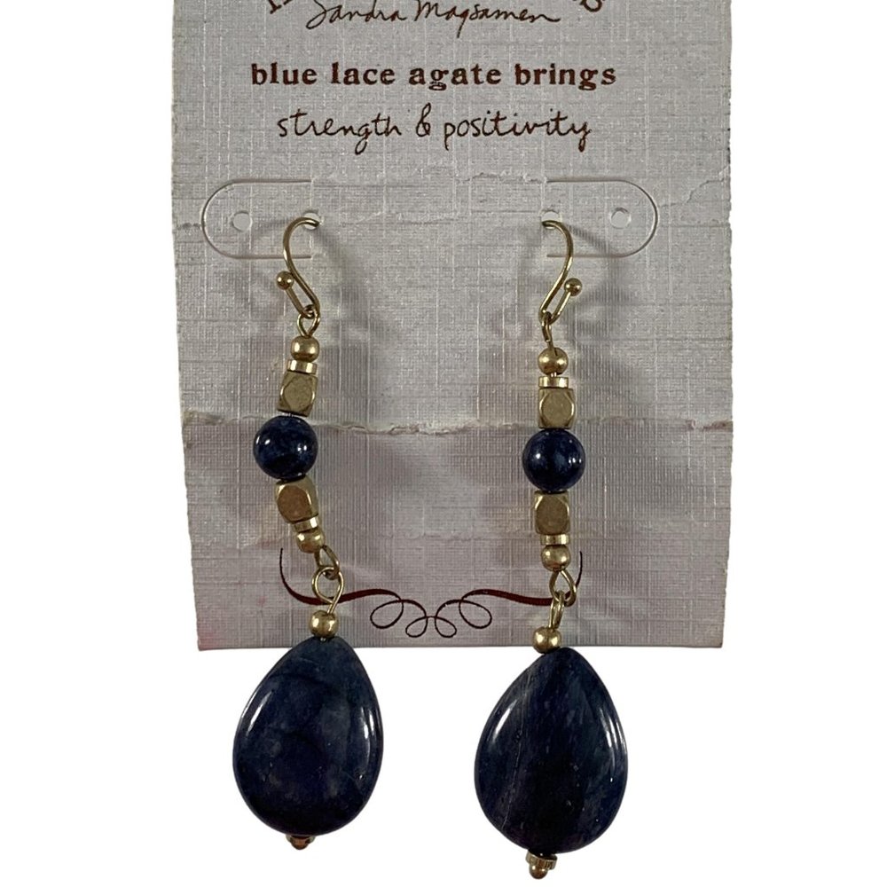 Healing Stones Sandra Magsamen Earrings Blue Lace Agate Dangle Silver Tone